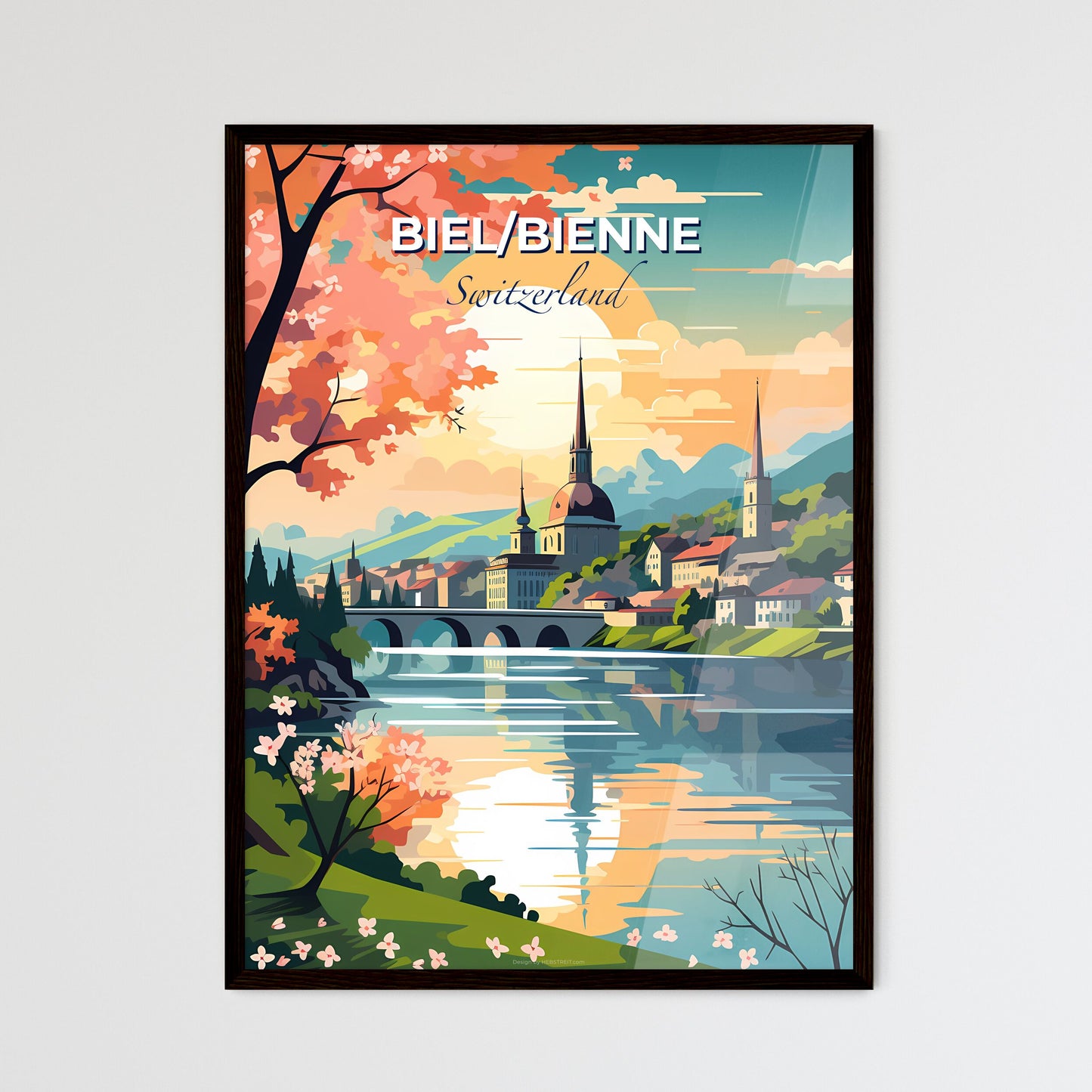 Biel/Bienne, Switzerland, A Poster of a painting of a town by a river Default Title
