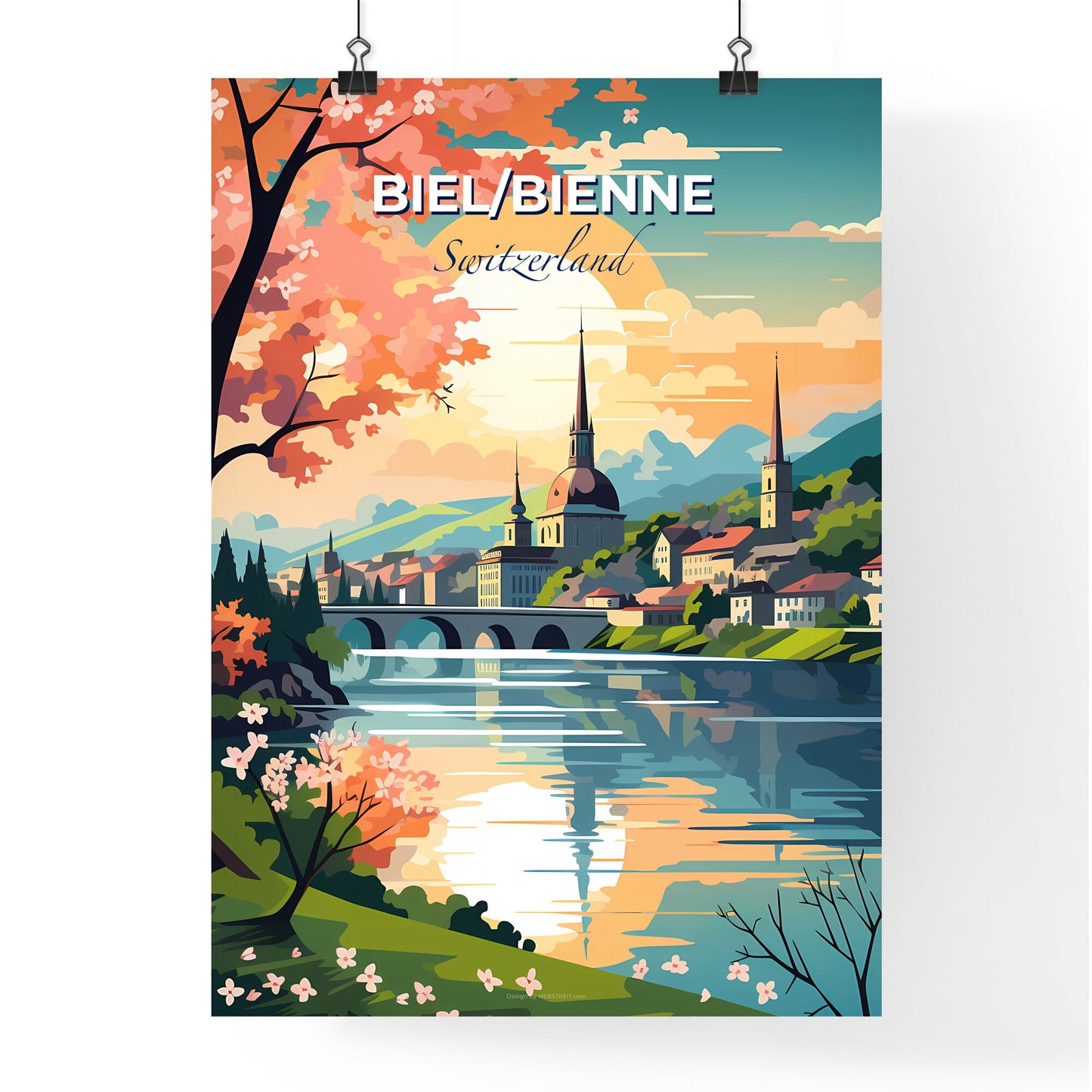 Biel/Bienne, Switzerland, A Poster of a painting of a town by a river Default Title