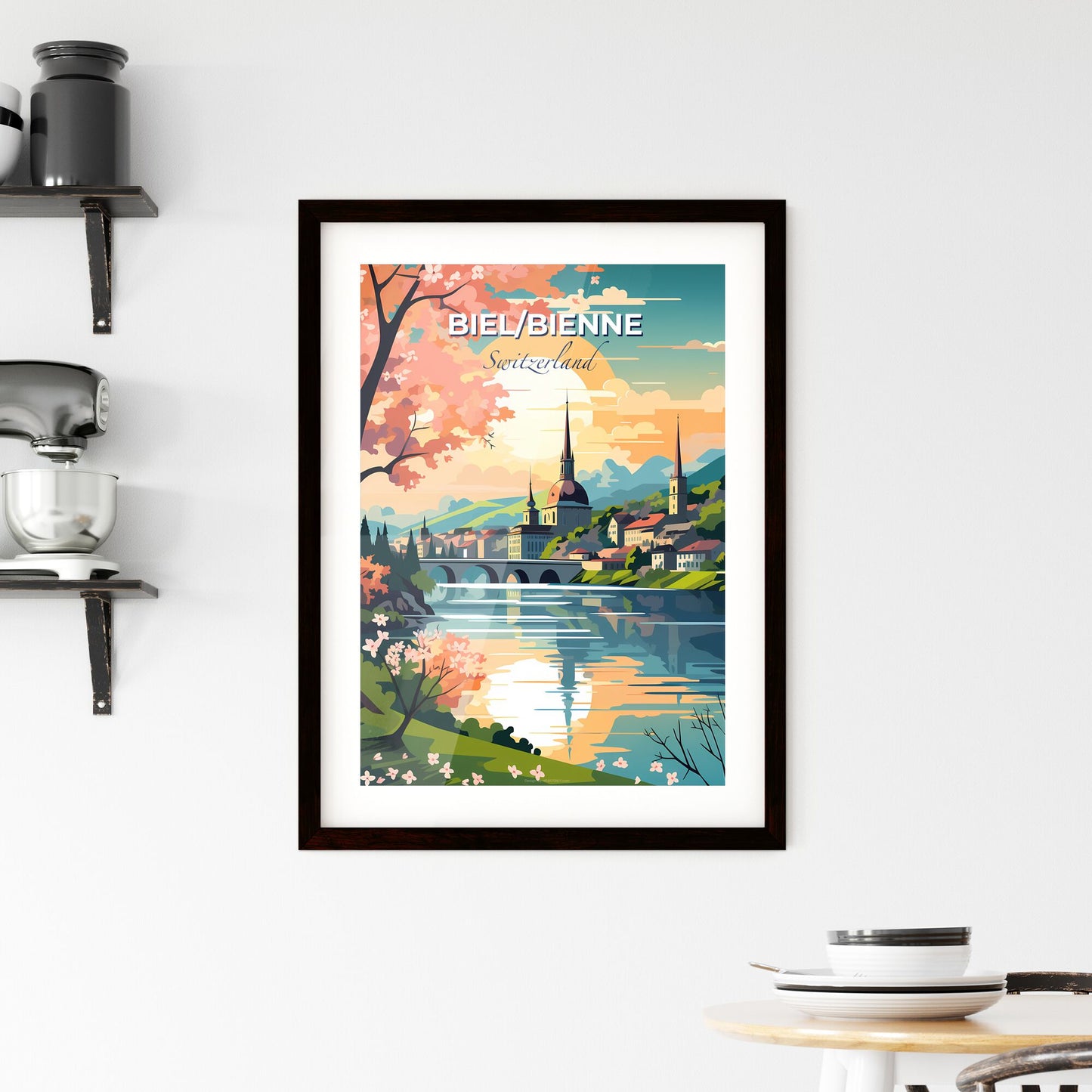 Biel/Bienne, Switzerland, A Poster of a painting of a town by a river Default Title