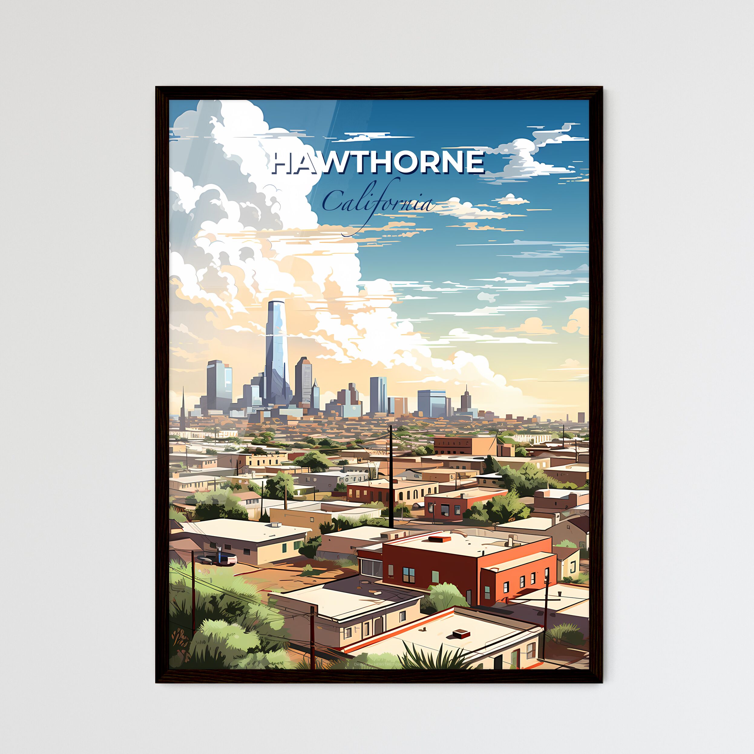 Hawthorne, California, A Poster of a city with a tall tower in the ...