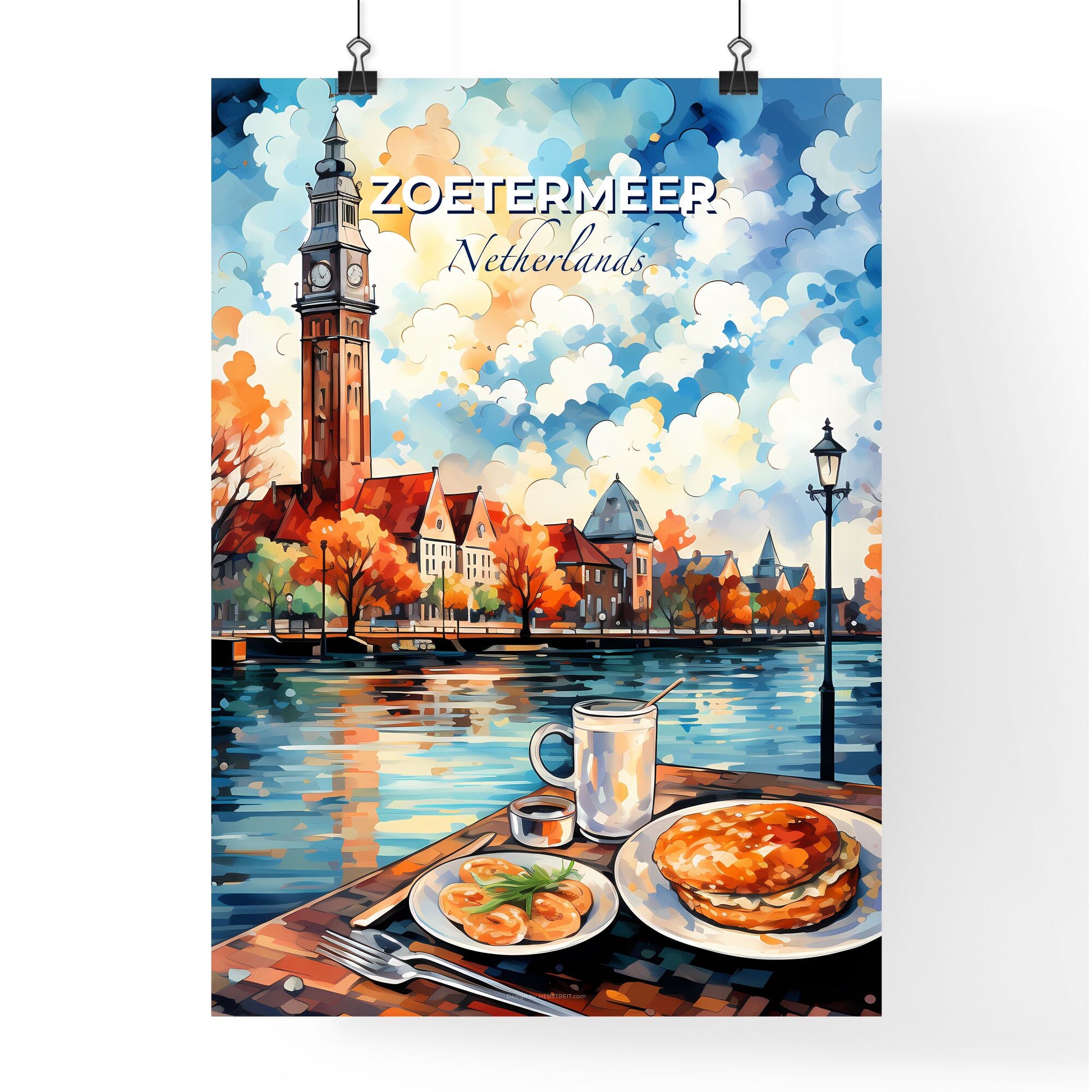Zoetermeer, Netherlands, A Poster of a painting of a city with a clock tower and a lake Default Title