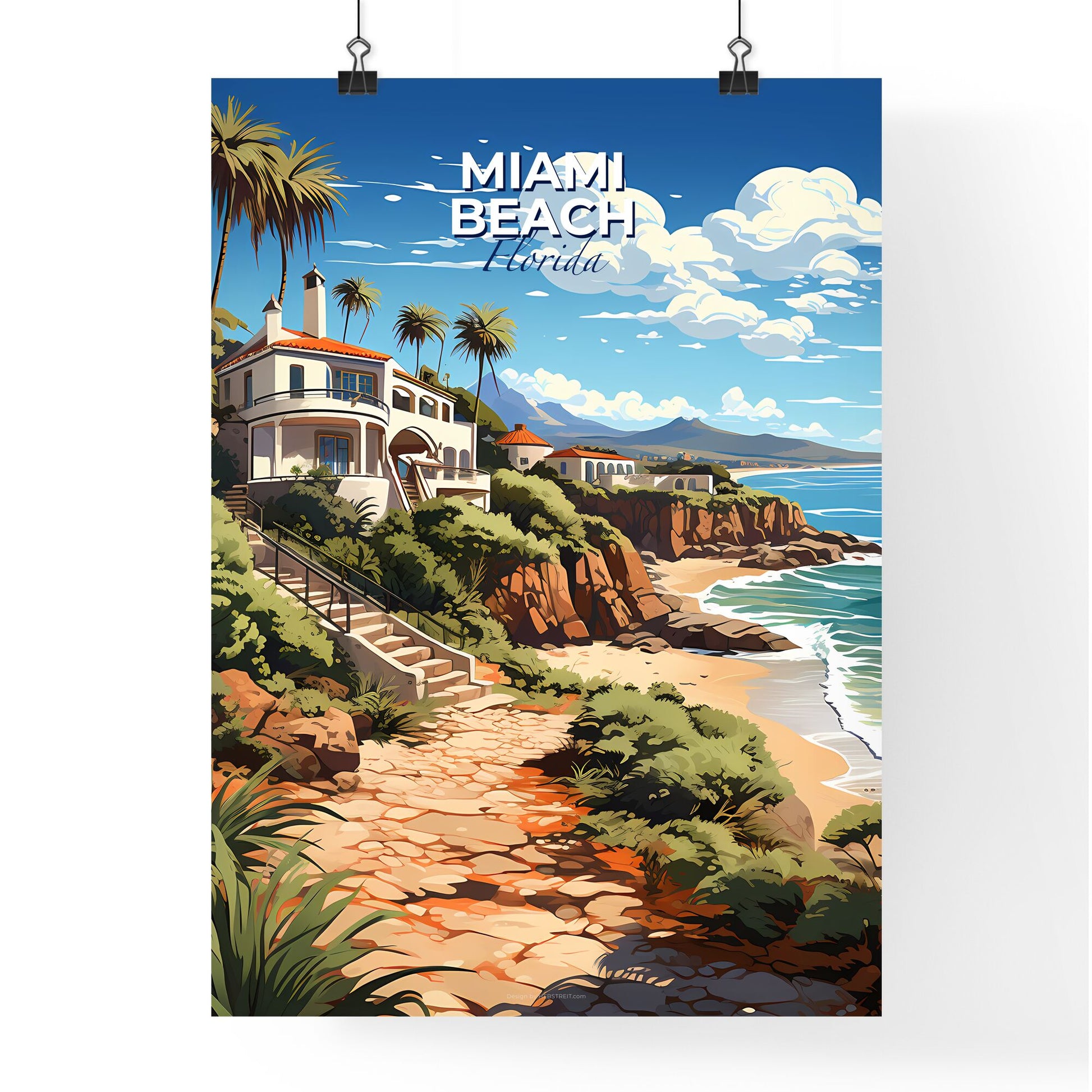 Miami Beach, Florida, A Poster of a house on a cliff by the ocean Default Title