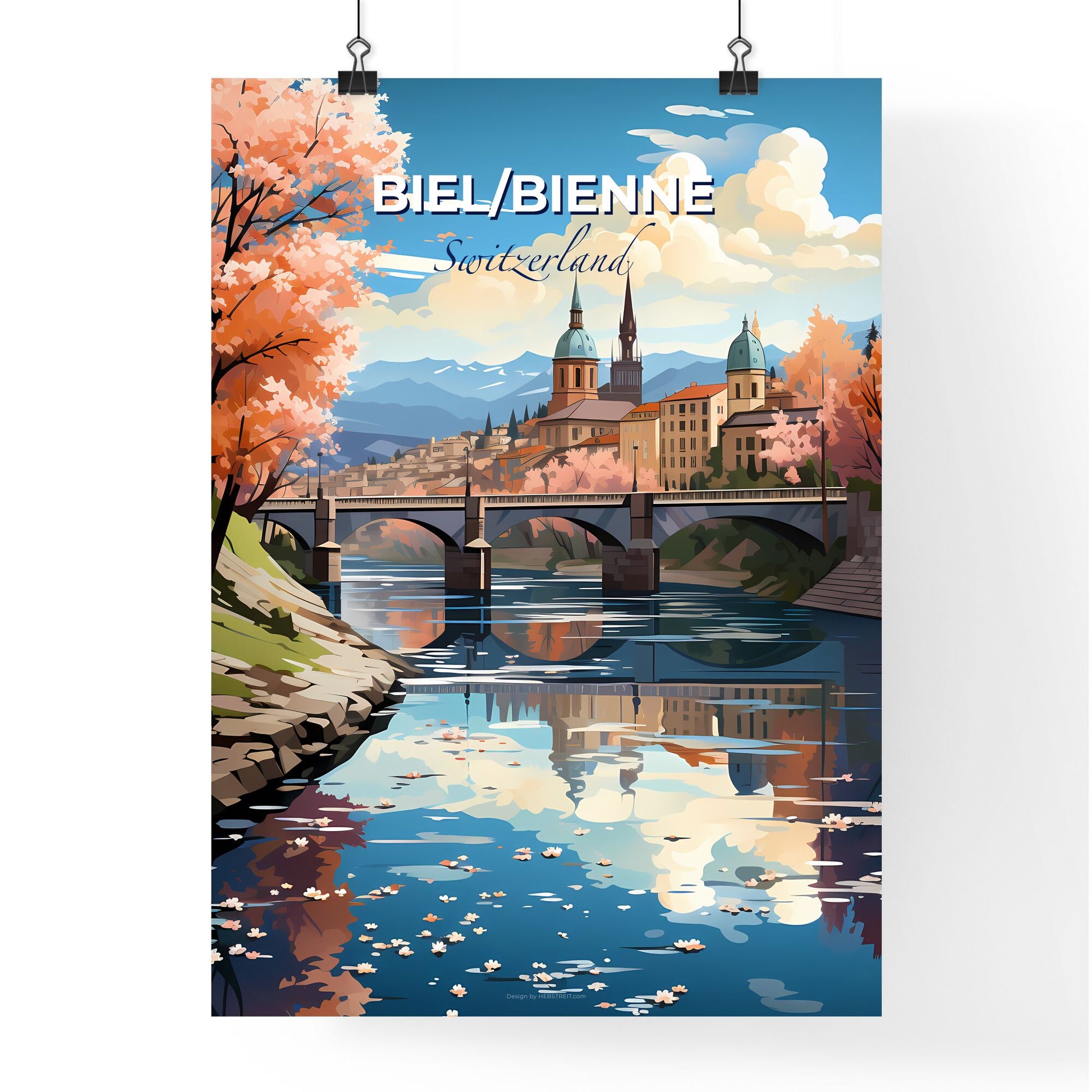 Biel/Bienne, Switzerland, A Poster of a bridge over a river with trees and buildings Default Title