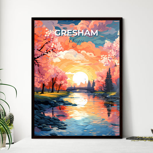 Gresham, Oregon, A Poster of a painting of a river with a bridge and trees Default Title