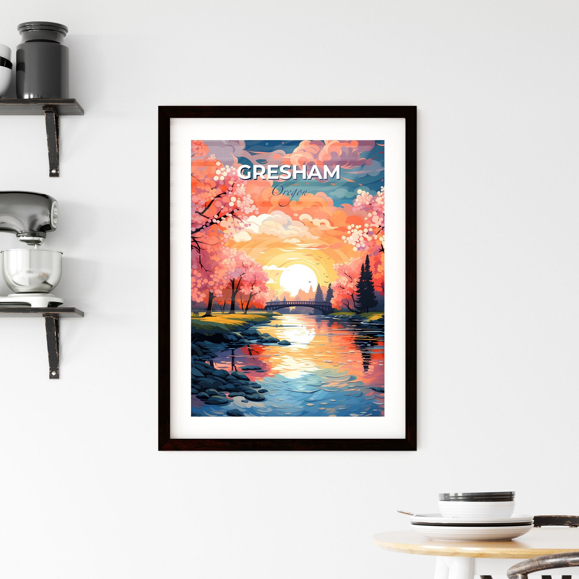 Gresham, Oregon, A Poster of a painting of a river with a bridge and trees Default Title