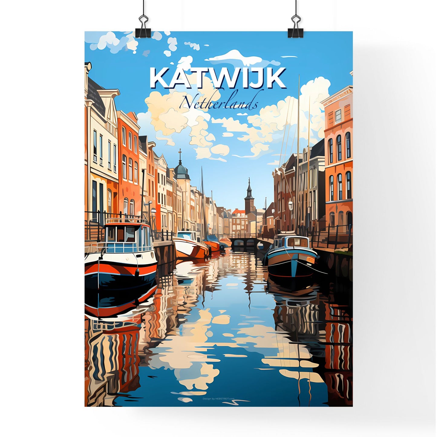Katwijk, Netherlands, A Poster of boats on a canal in a city Default Title