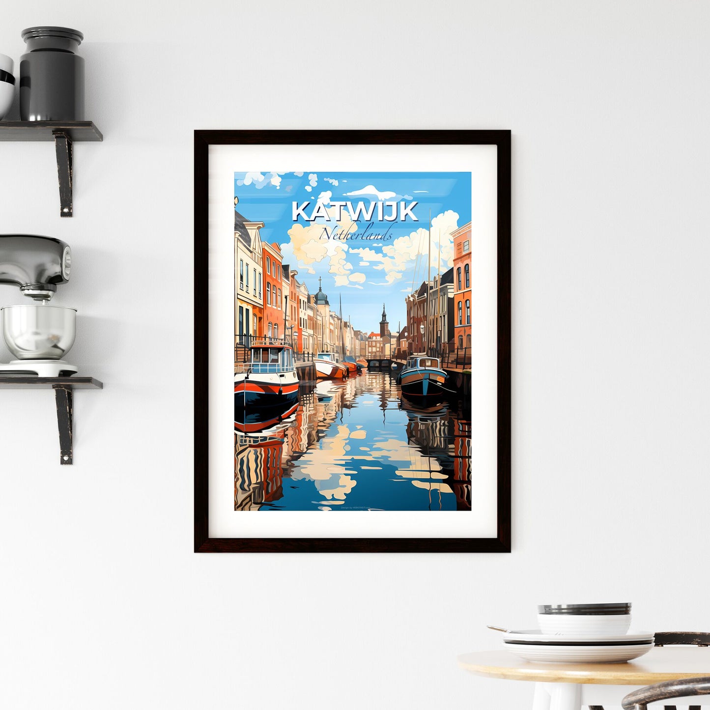 Katwijk, Netherlands, A Poster of boats on a canal in a city Default Title