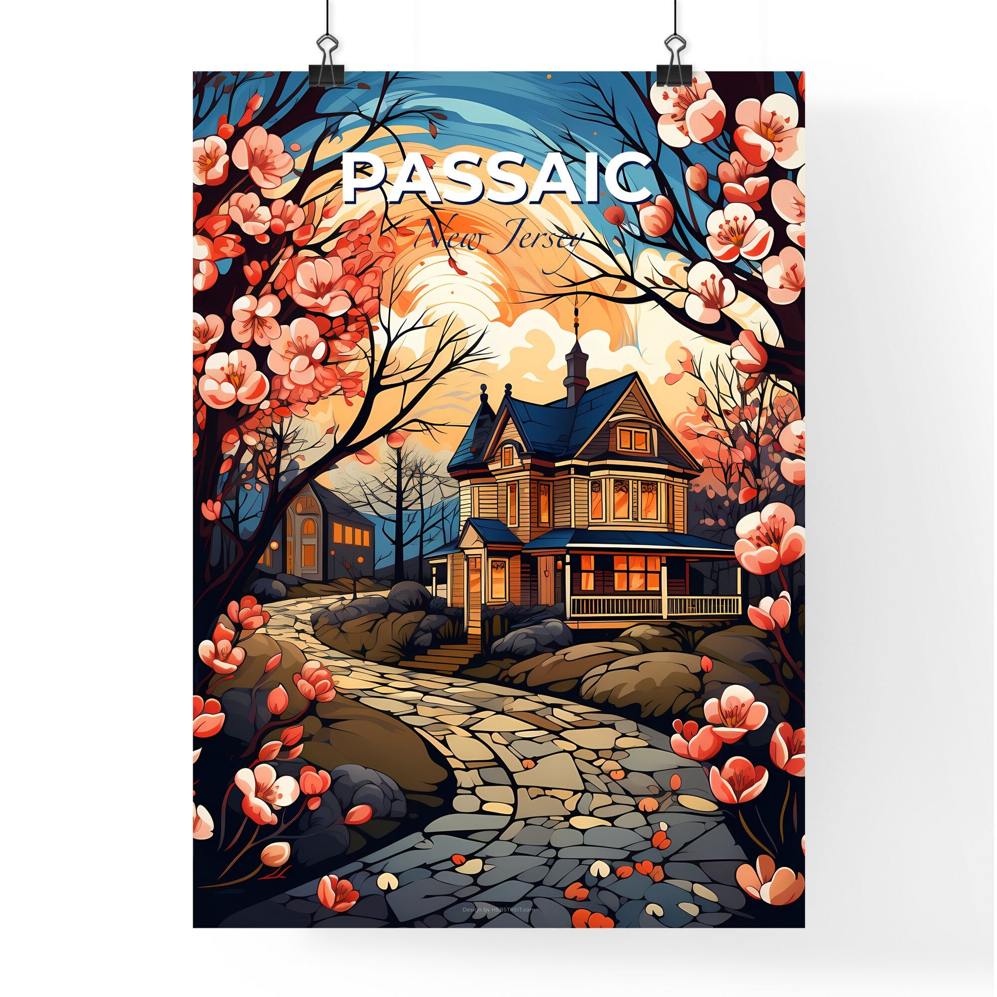 Passaic, New Jersey, A Poster of a house with a stone path and pink flowers Default Title