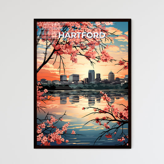 Hartford, Connecticut, A Poster of a cityscape with pink flowers and water Default Title