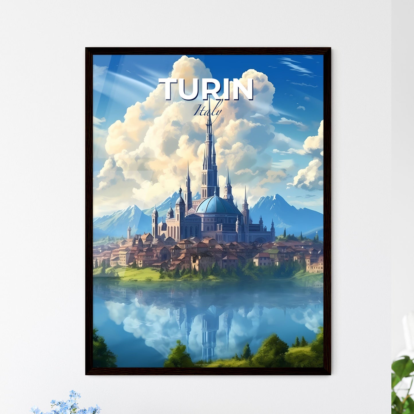 Turin, Italy, A Poster of a castle on an island with a lake and mountains in the background Default Title