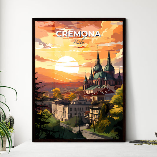 Cremona, Italy, A Poster of a building with towers and trees in front of a sunset Default Title