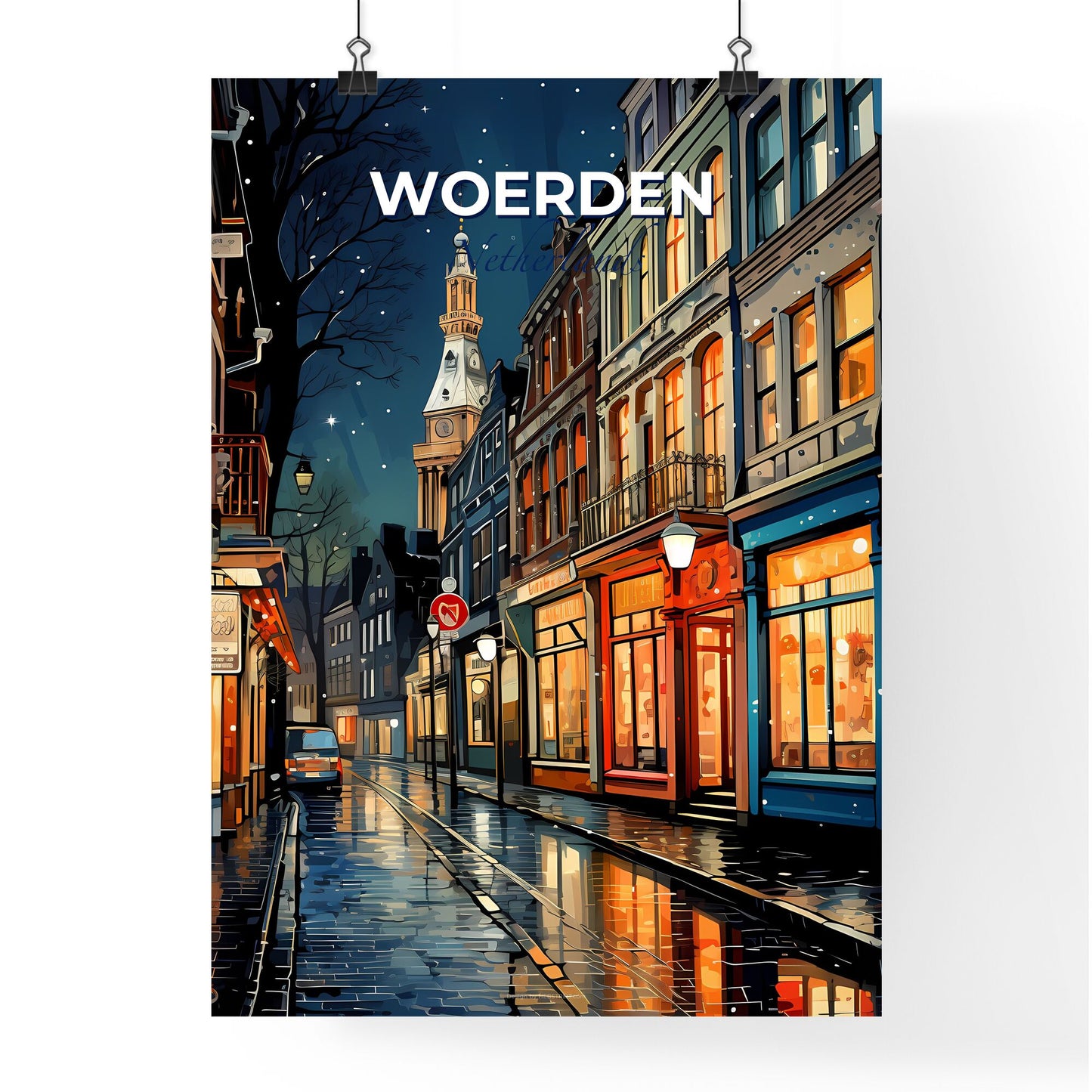 Woerden, Netherlands, A Poster of a street with buildings and a clock tower Default Title