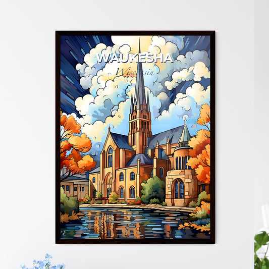 Waukesha, Wisconsin, A Poster of a painting of a church with a lake and trees Default Title