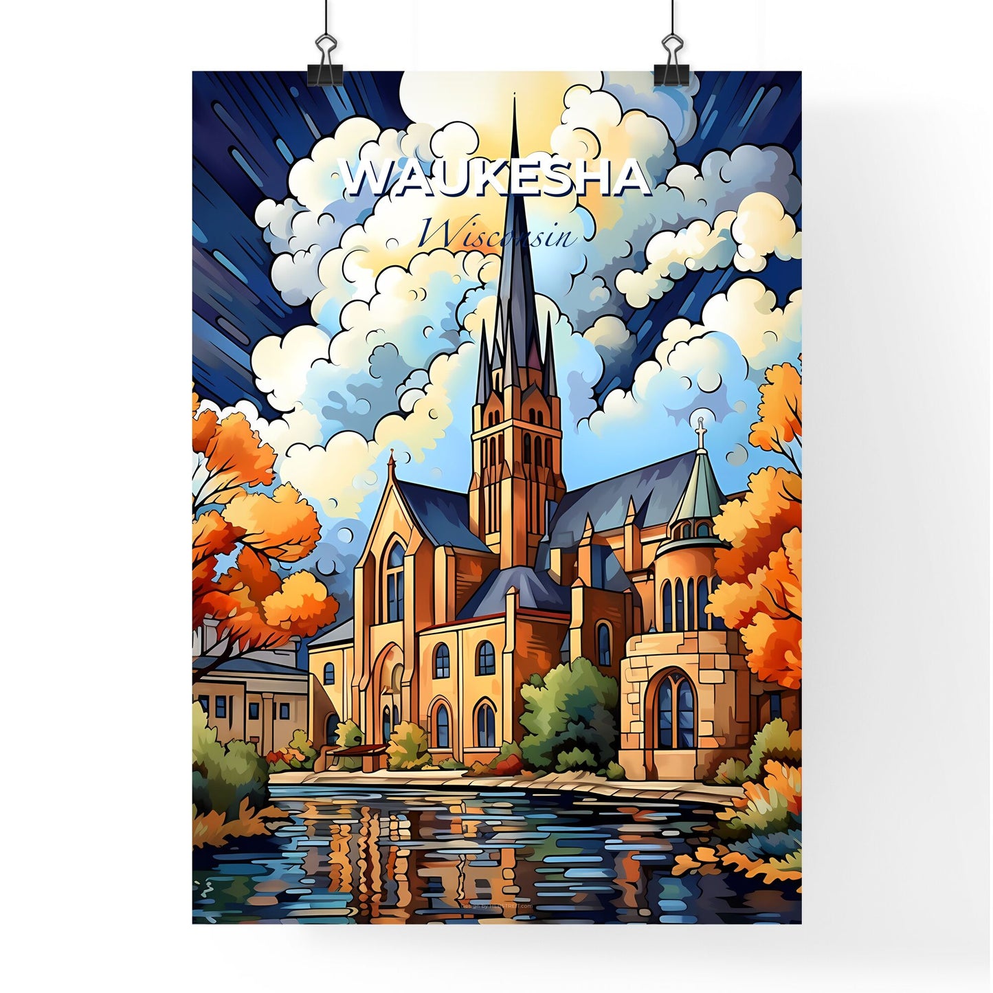 Waukesha, Wisconsin, A Poster of a painting of a church with a lake and trees Default Title