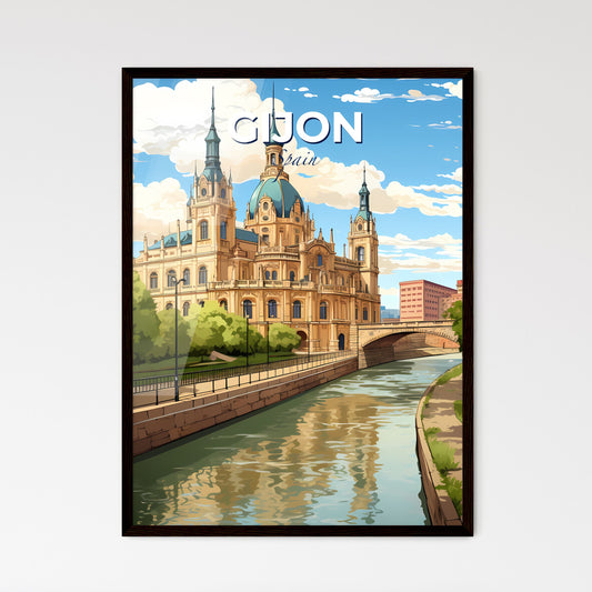Gijon, Spain, A Poster of a building with a bridge and trees Default Title