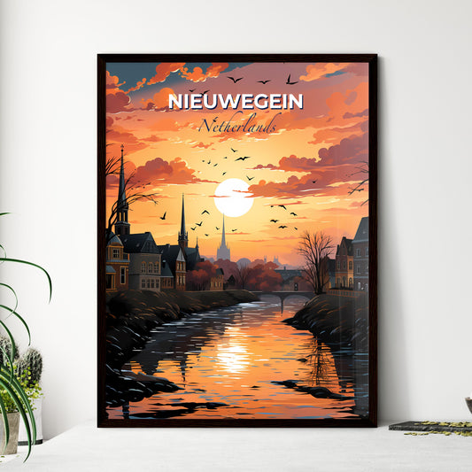 Nieuwegein, Netherlands, A Poster of a river with a bridge and a city with birds flying over it Default Title