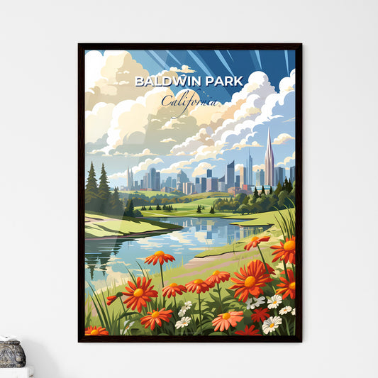 Baldwin Park, California, A Poster of a river with flowers and trees in front of a city Default Title