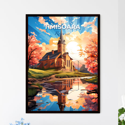 Timisoara, Romania, A Poster of a church with a steeple and trees by a river Default Title