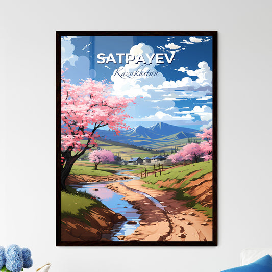 Satpayev, Kazakhstan, A Poster of a stream running through a valley with pink flowers Default Title