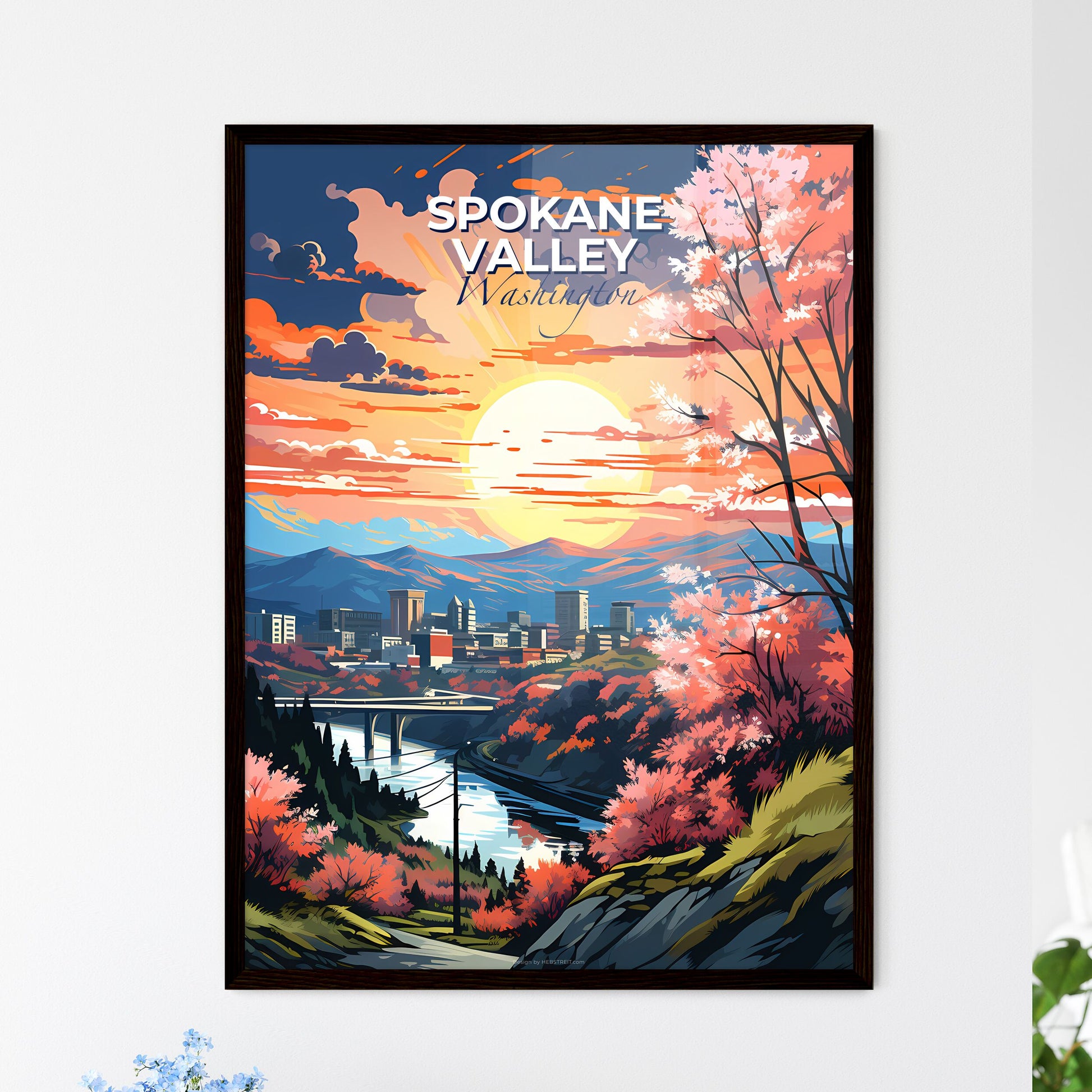 Spokane Valley, Washington, A Poster of a landscape with a river and trees and a city in the distance Default Title