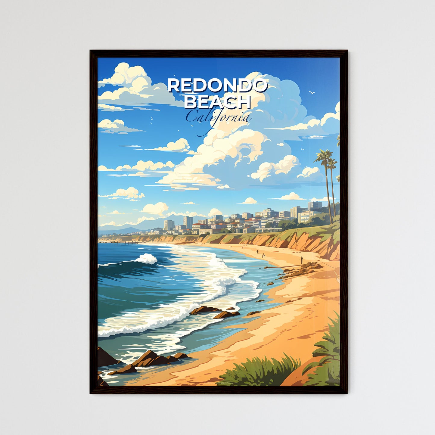 Redondo Beach, California, A Poster of a beach with palm trees and a city in the background Default Title