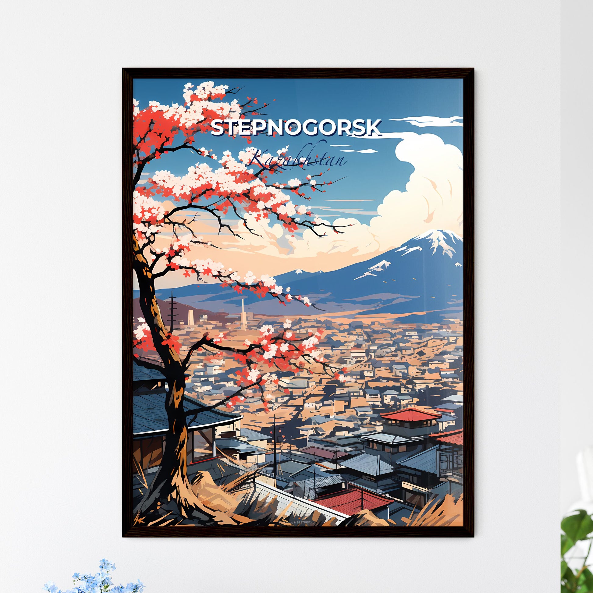 Stepnogorsk, Kazakhstan, A Poster of a tree with pink blossoms in front of a city with mountains in the background Default Title