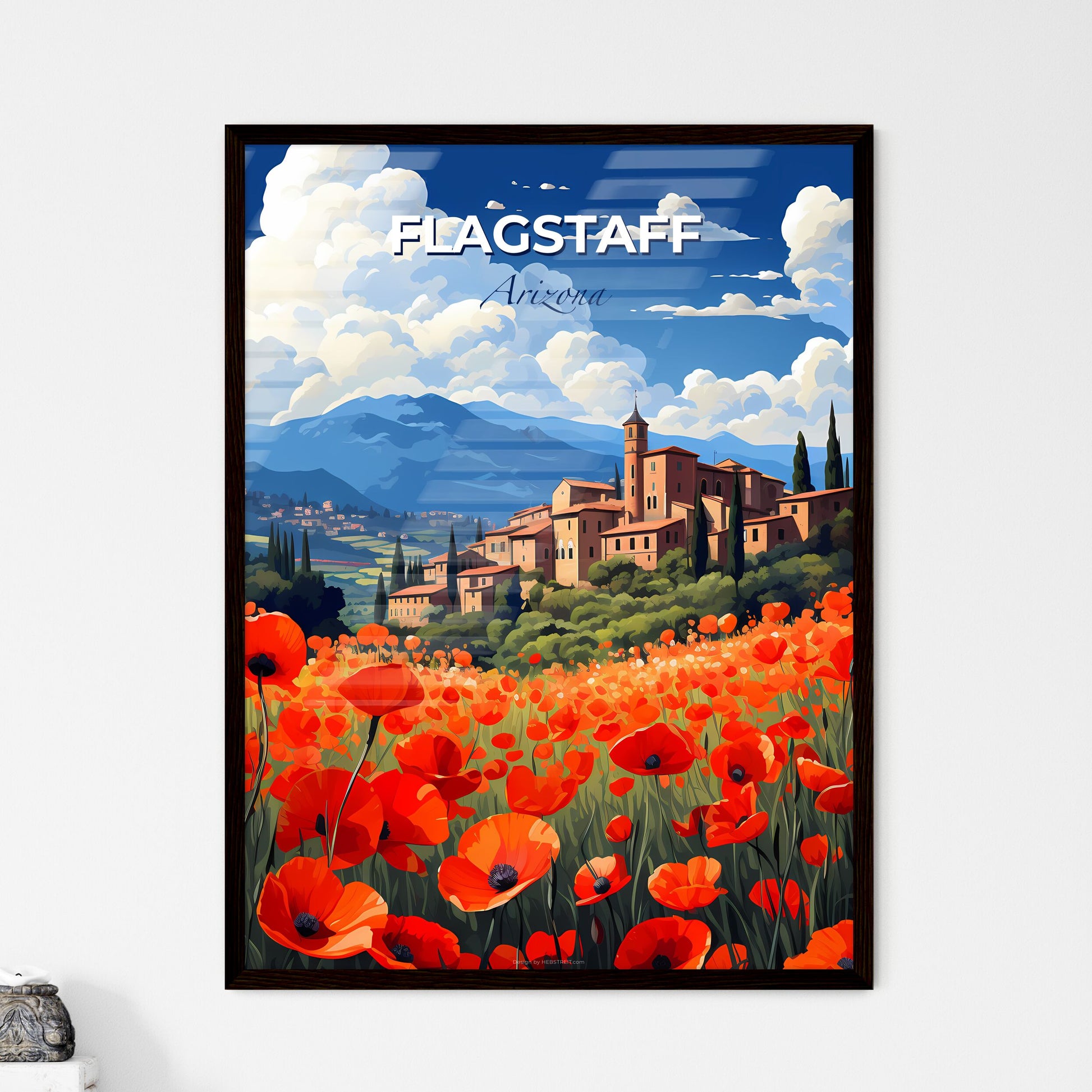 Flagstaff, Arizona, A Poster of a field of red flowers with buildings in the background Default Title