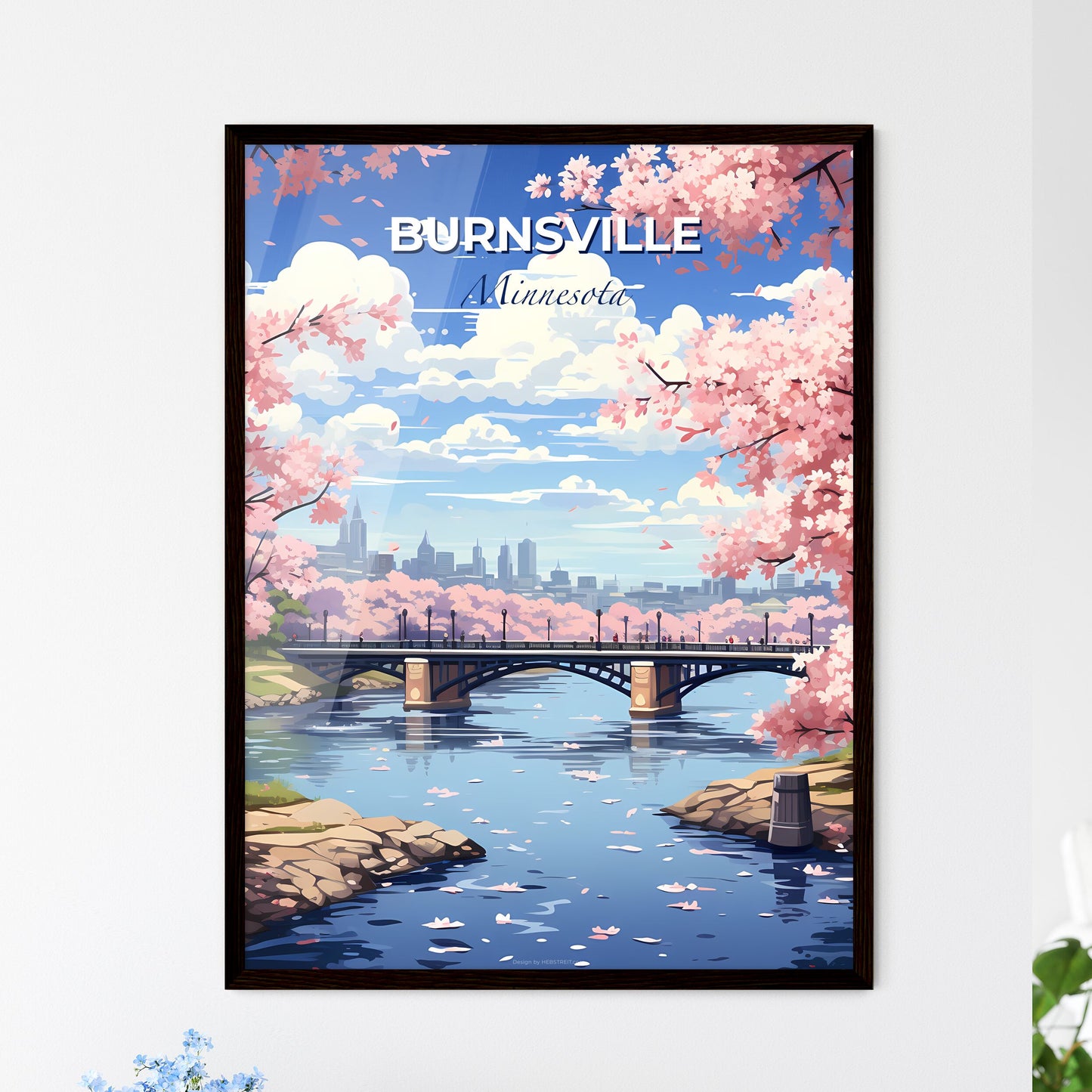 Burnsville, Minnesota, A Poster of a bridge over a river with pink flowers Default Title