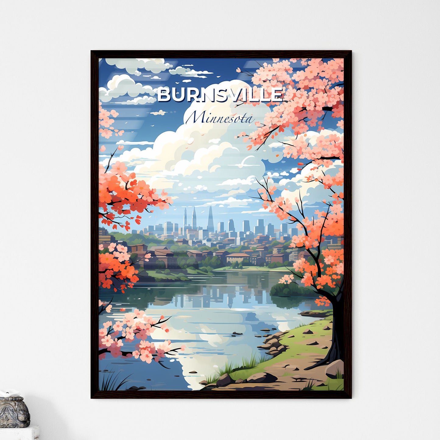 Burnsville, Minnesota, A Poster of a landscape of a city with pink flowers and a river Default Title