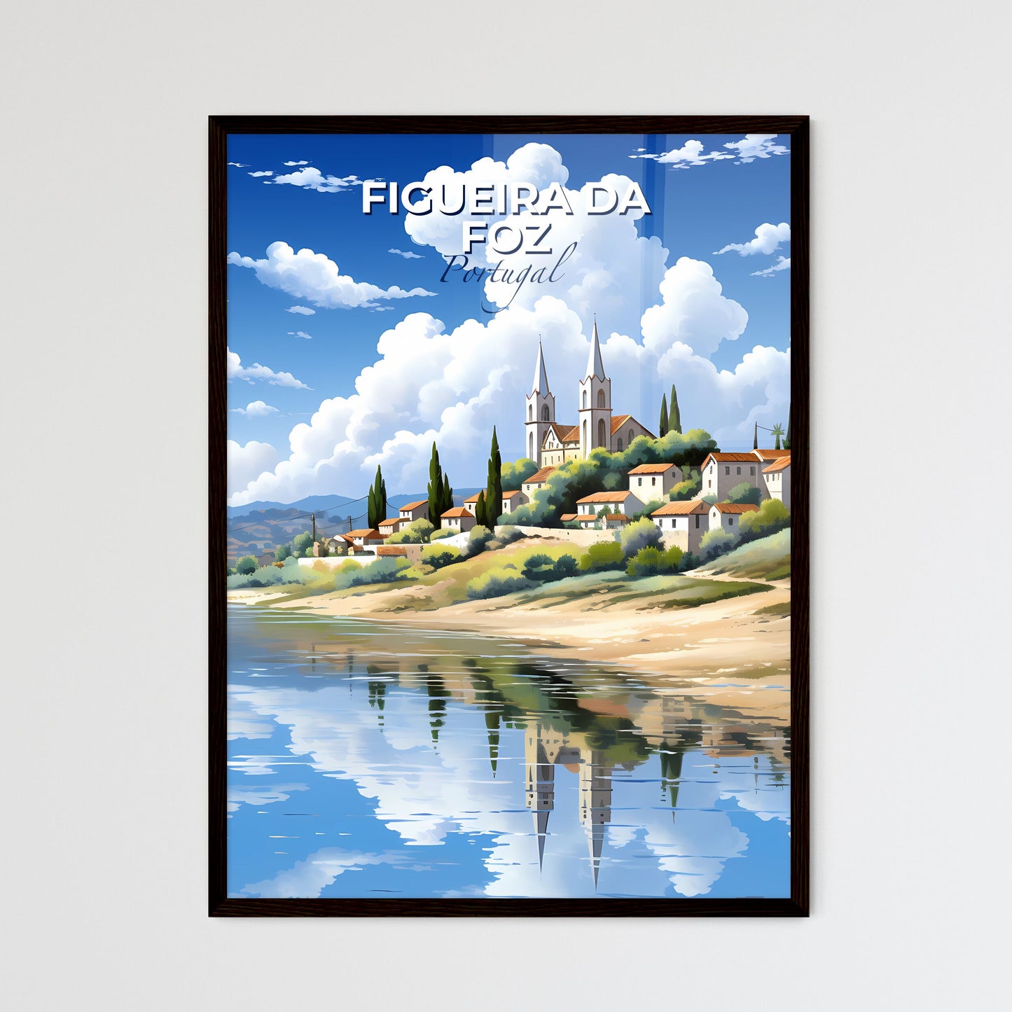Figueira Da Foz, Portugal, A Poster of a town on a hill with trees and a body of water Default Title