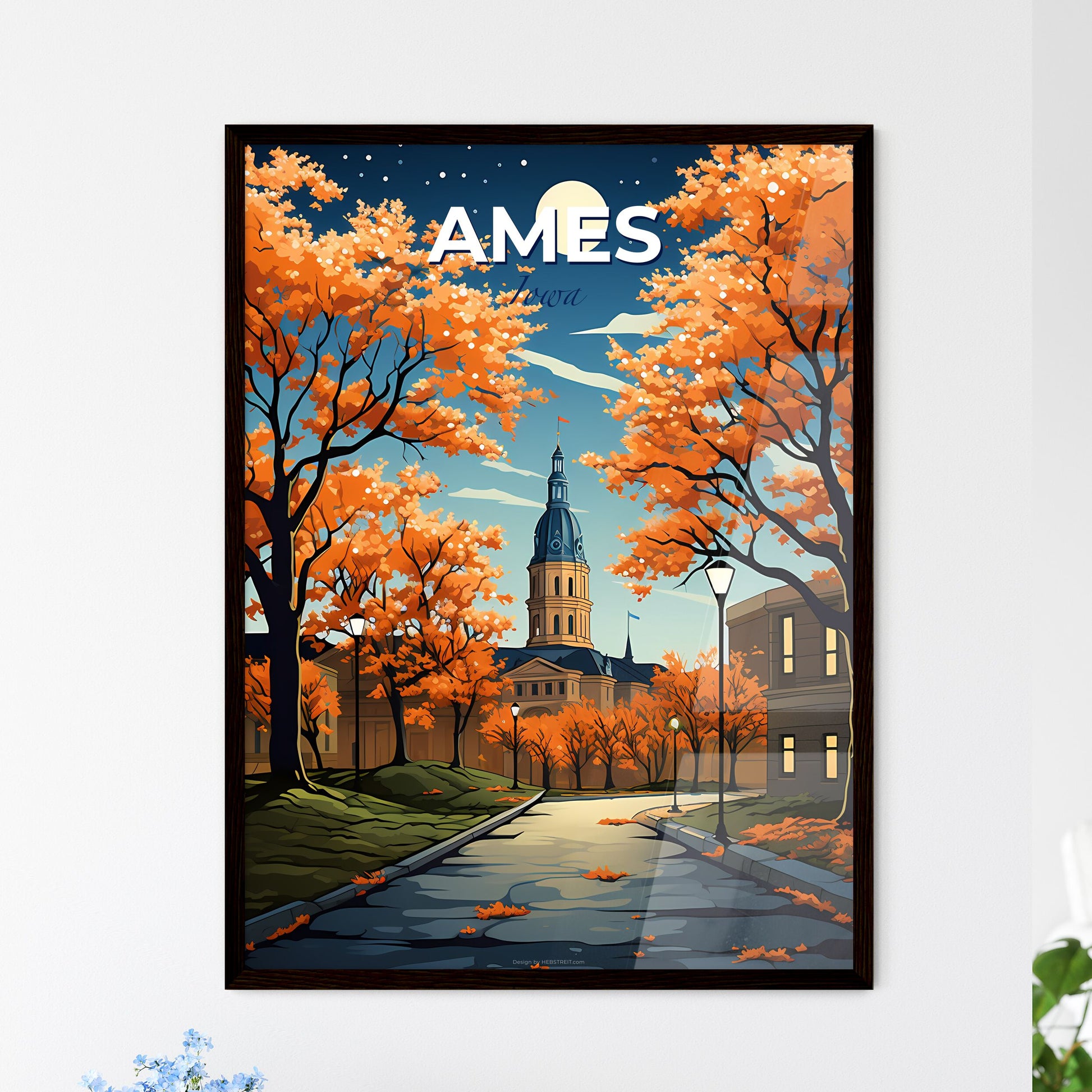 Ames, Iowa, A Poster of a road with orange trees and a building in the background Default Title