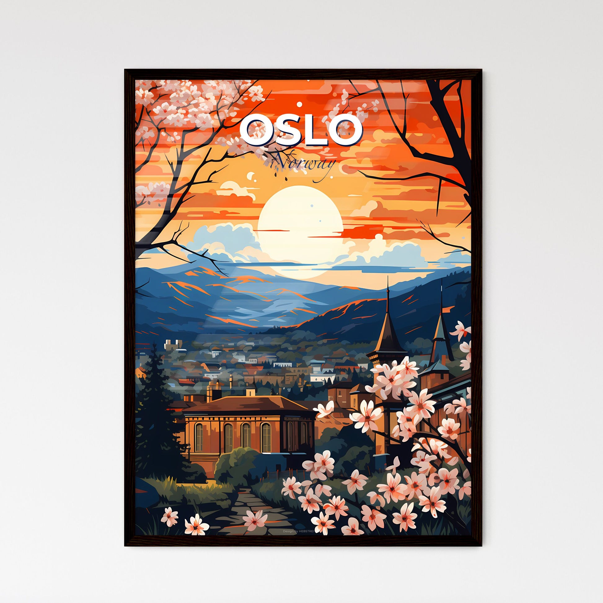Oslo, Norway, A Poster of a painting of a city with trees and mountains Default Title