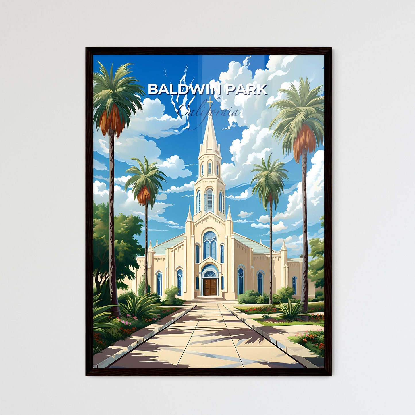 Baldwin Park, California, A Poster of a church with palm trees and a path Default Title