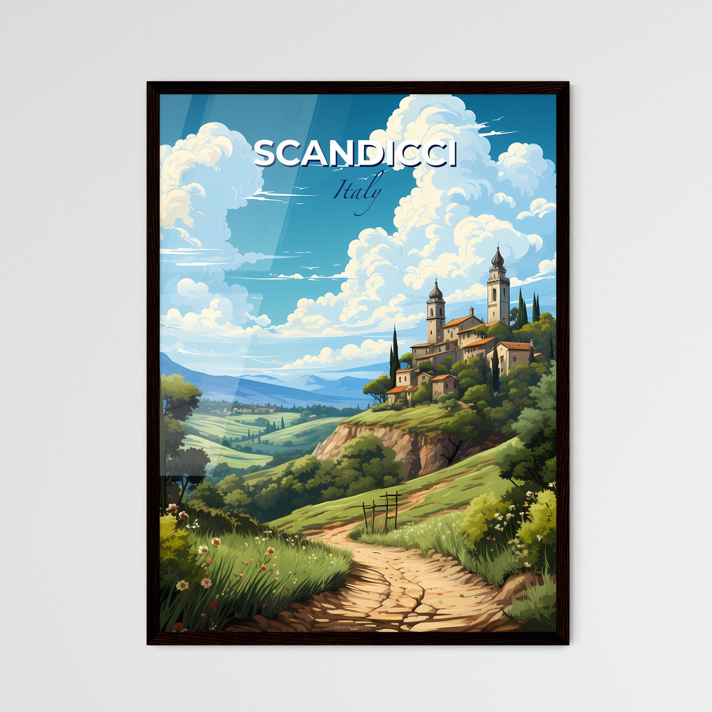 Scandicci, Italy, A Poster of a landscape with a road and buildings on a hill Default Title