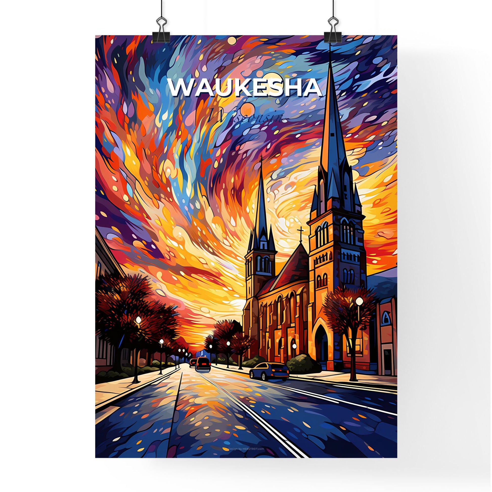 Waukesha, Wisconsin, A Poster of a colorful sky over a church Default Title