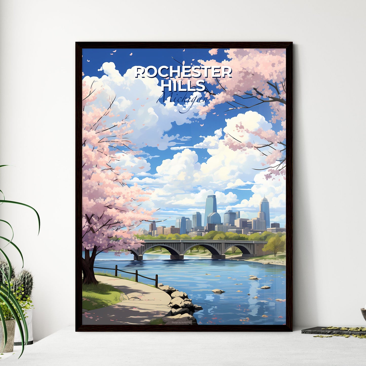 Rochester Hills, Michigan, A Poster of a bridge over a river with pink trees and a city in the background Default Title