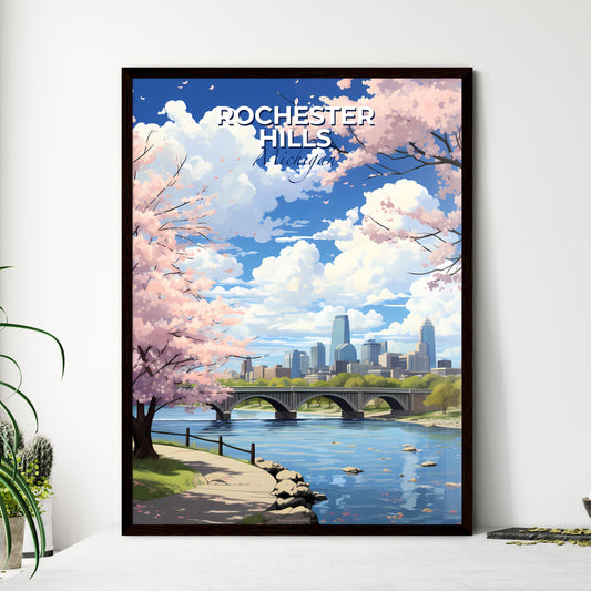 Rochester Hills, Michigan, A Poster of a bridge over a river with pink trees and a city in the background Default Title