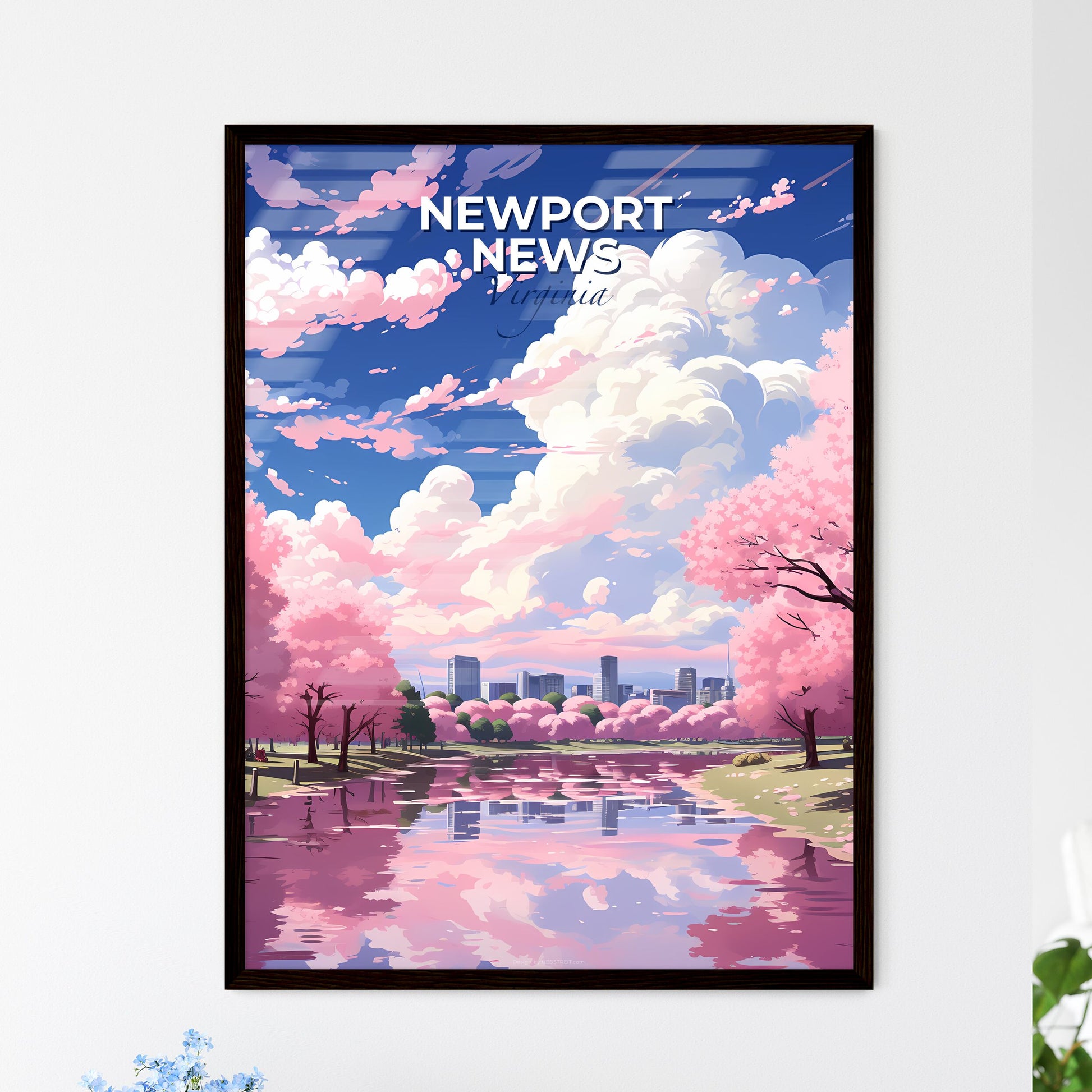Newport News, Virginia, A Poster of a pink trees with pink flowers and a city in the background Default Title
