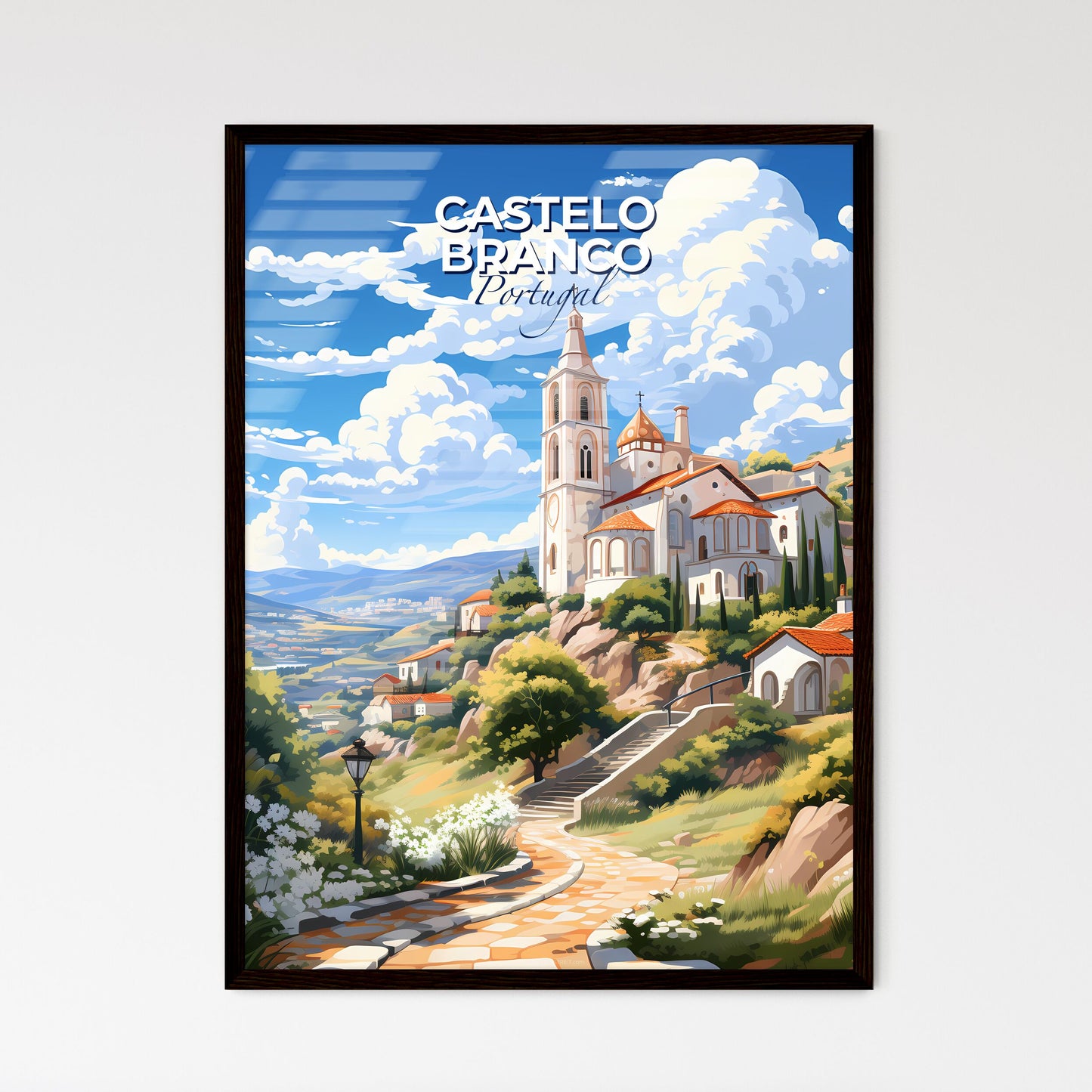 Castelo Branco, Portugal, A Poster of a painting of a village with a church and trees Default Title