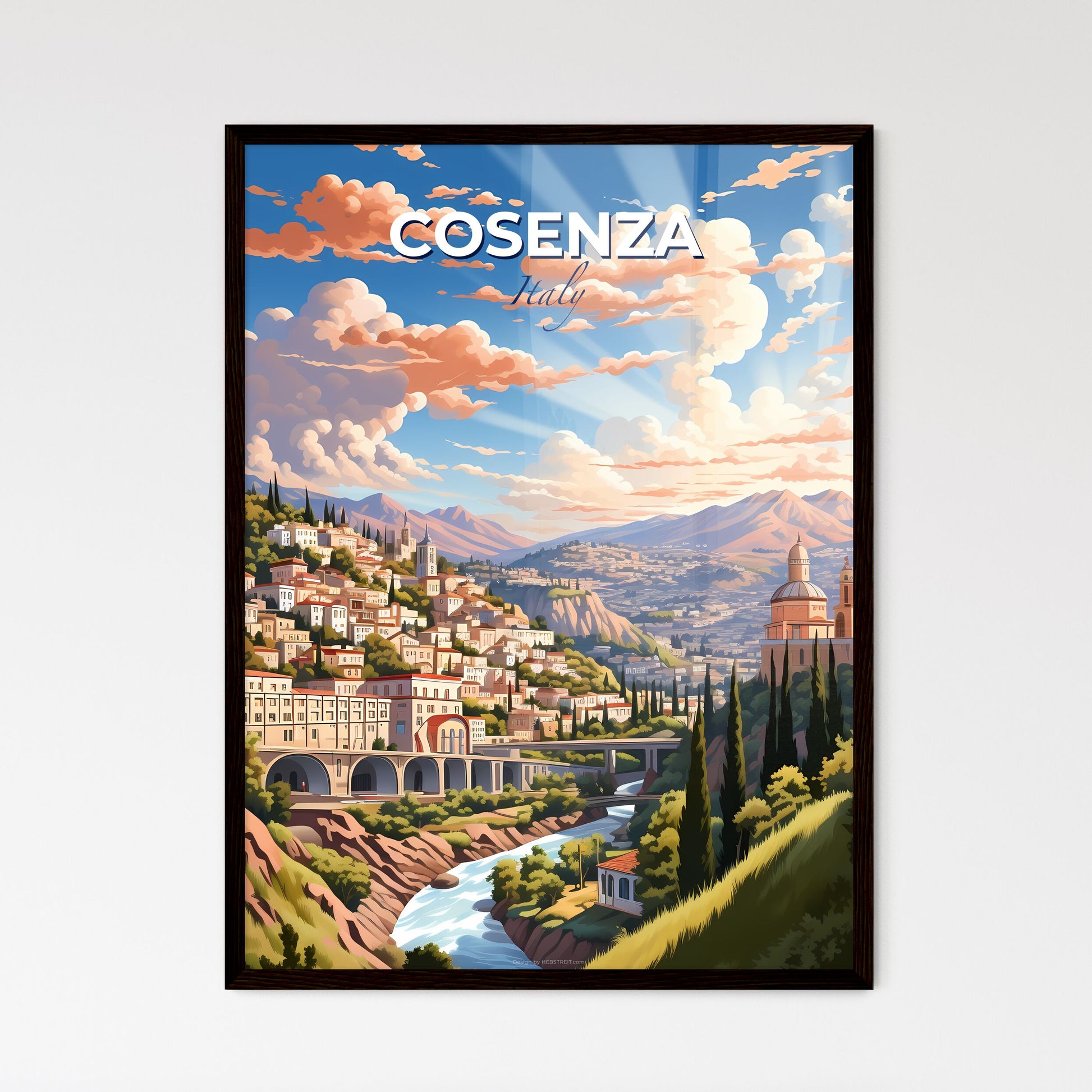Cosenza, Italy, A Poster of a painting of a town on a hill with trees and a bridge Default Title