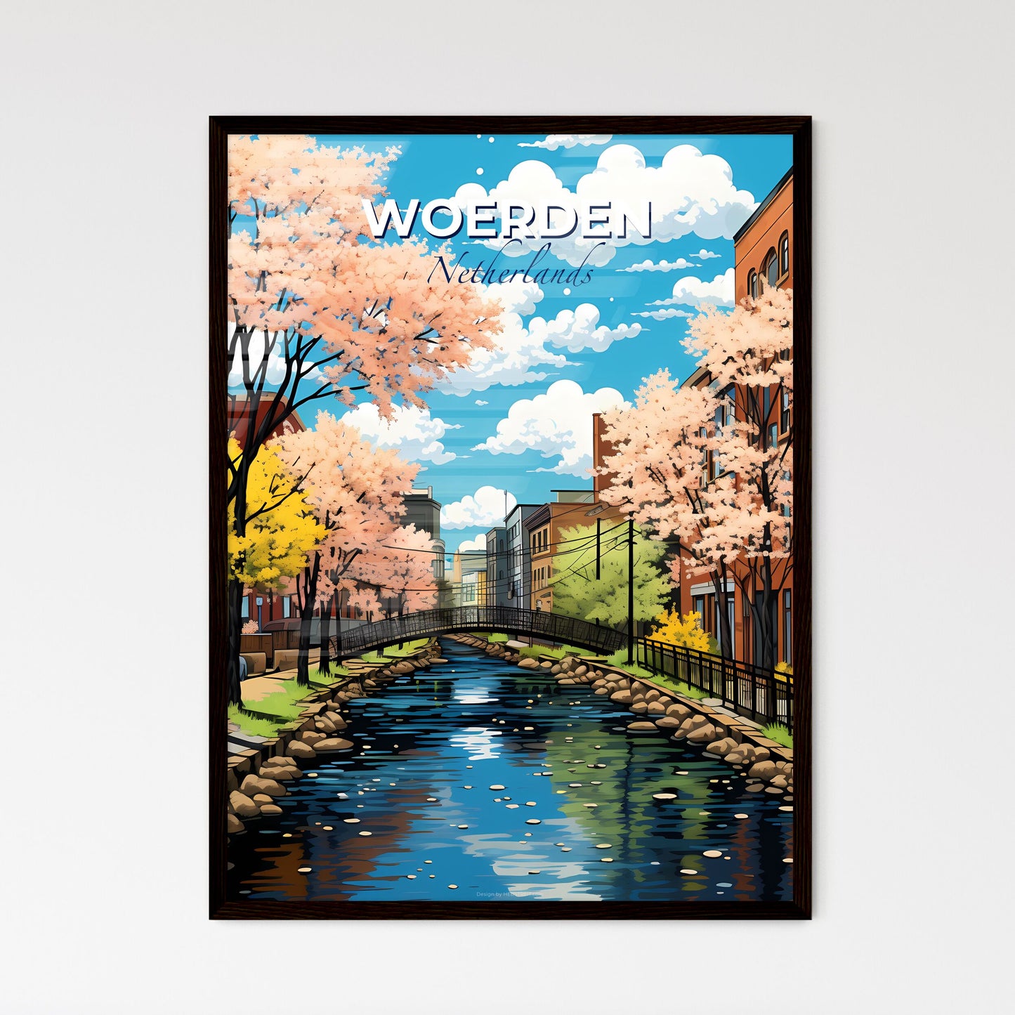 Woerden, Netherlands, A Poster of a river with a bridge and trees in the background Default Title
