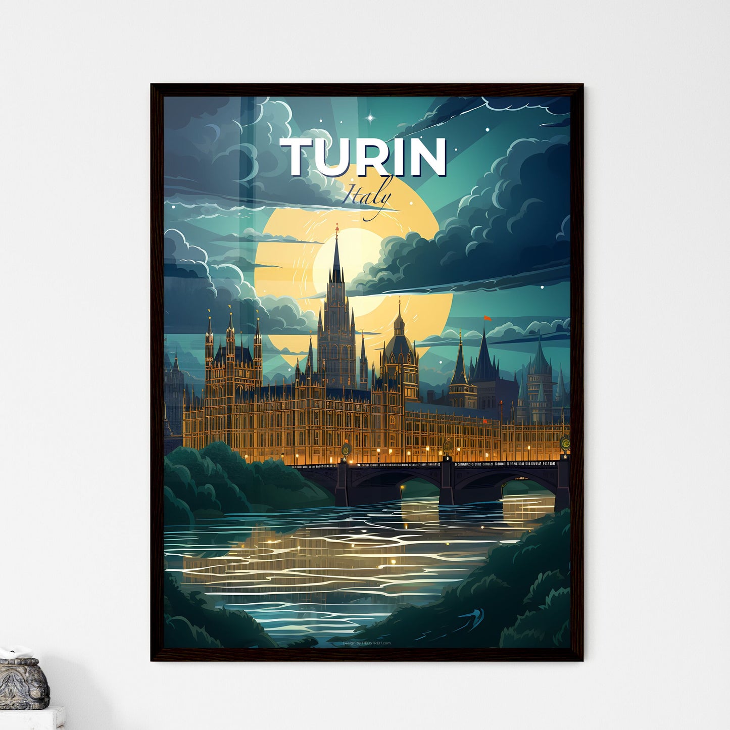 Turin, Italy, A Poster of a castle with a bridge and a river in front of it Default Title
