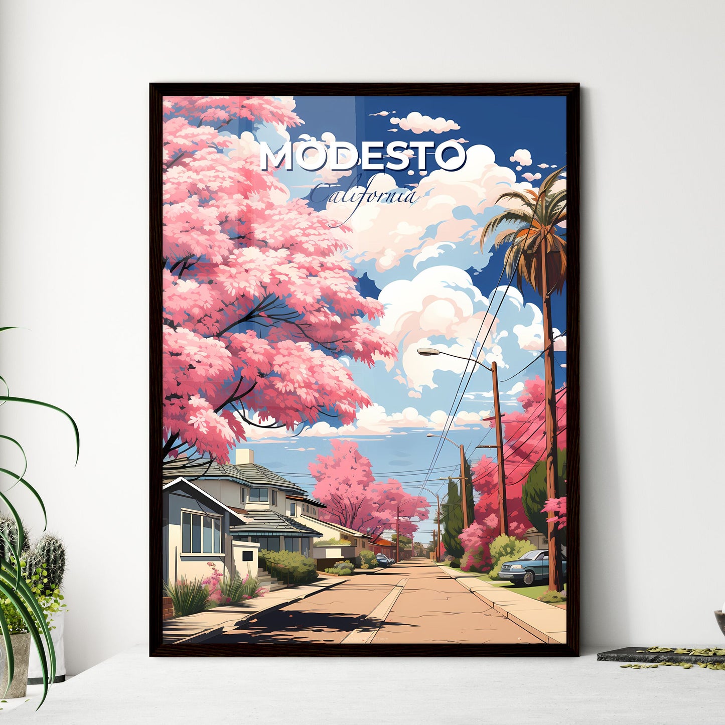Modesto, California, A Poster of a street with pink trees and houses Default Title