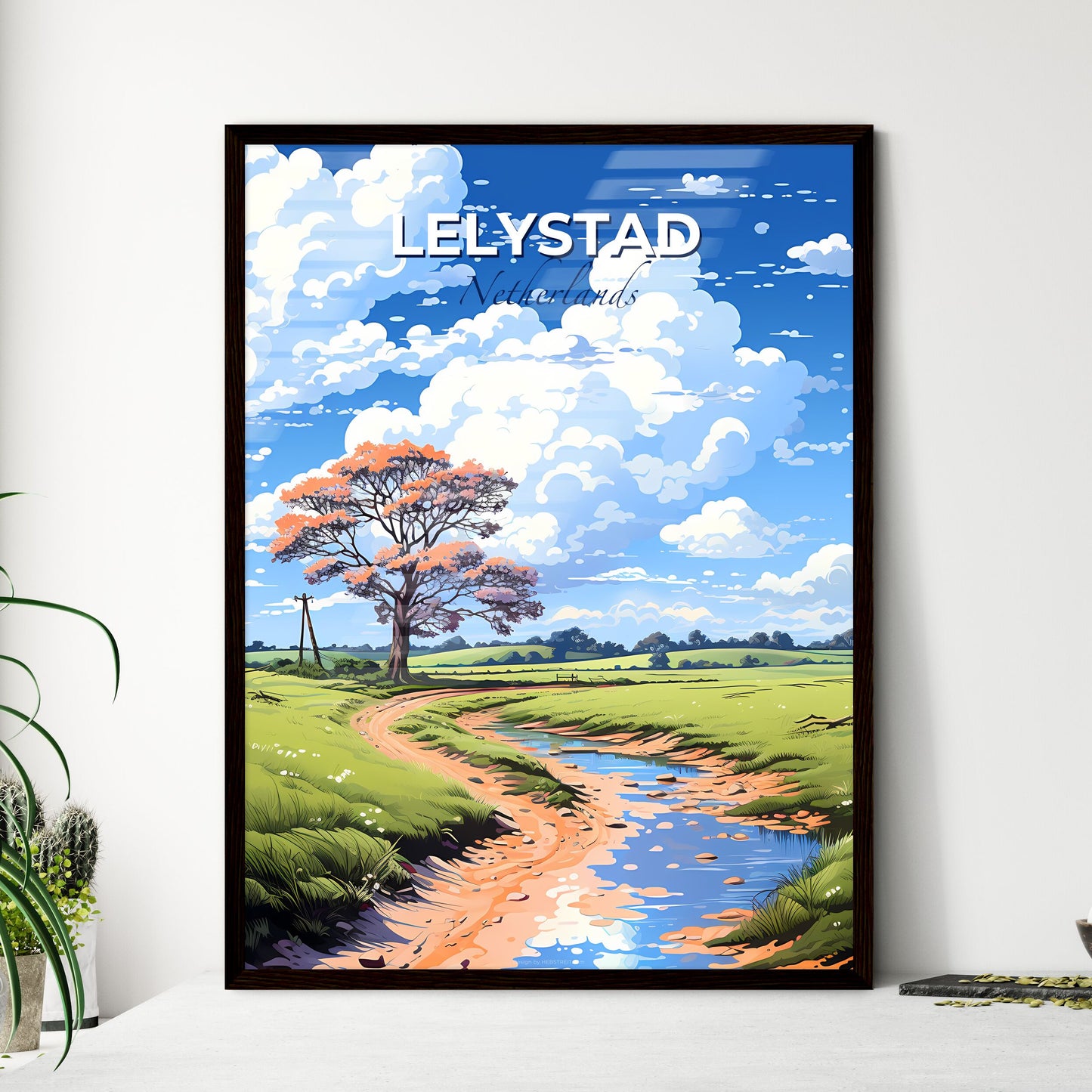Lelystad, Netherlands, A Poster of a stream running through a grassy field with a tree and blue sky with clouds Default Title