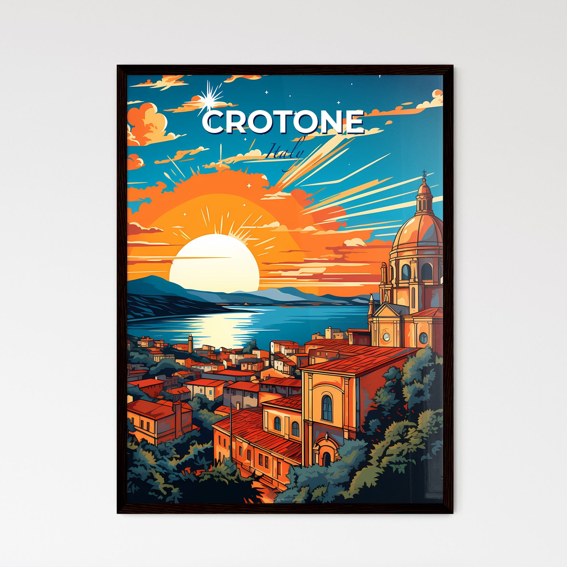 Crotone, Italy, A Poster of a city with a large dome and a body of water with the sun behind it Default Title