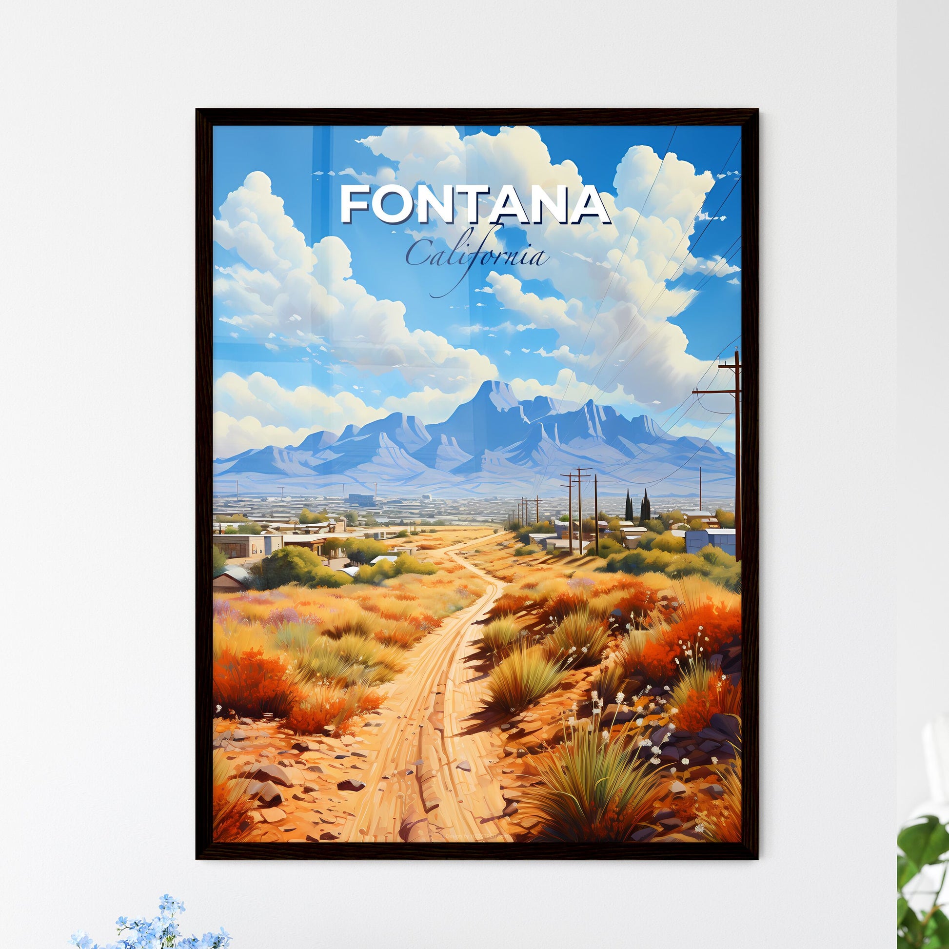 Fontana, California, A Poster of a dirt road through a desert landscape with mountains in the background Default Title