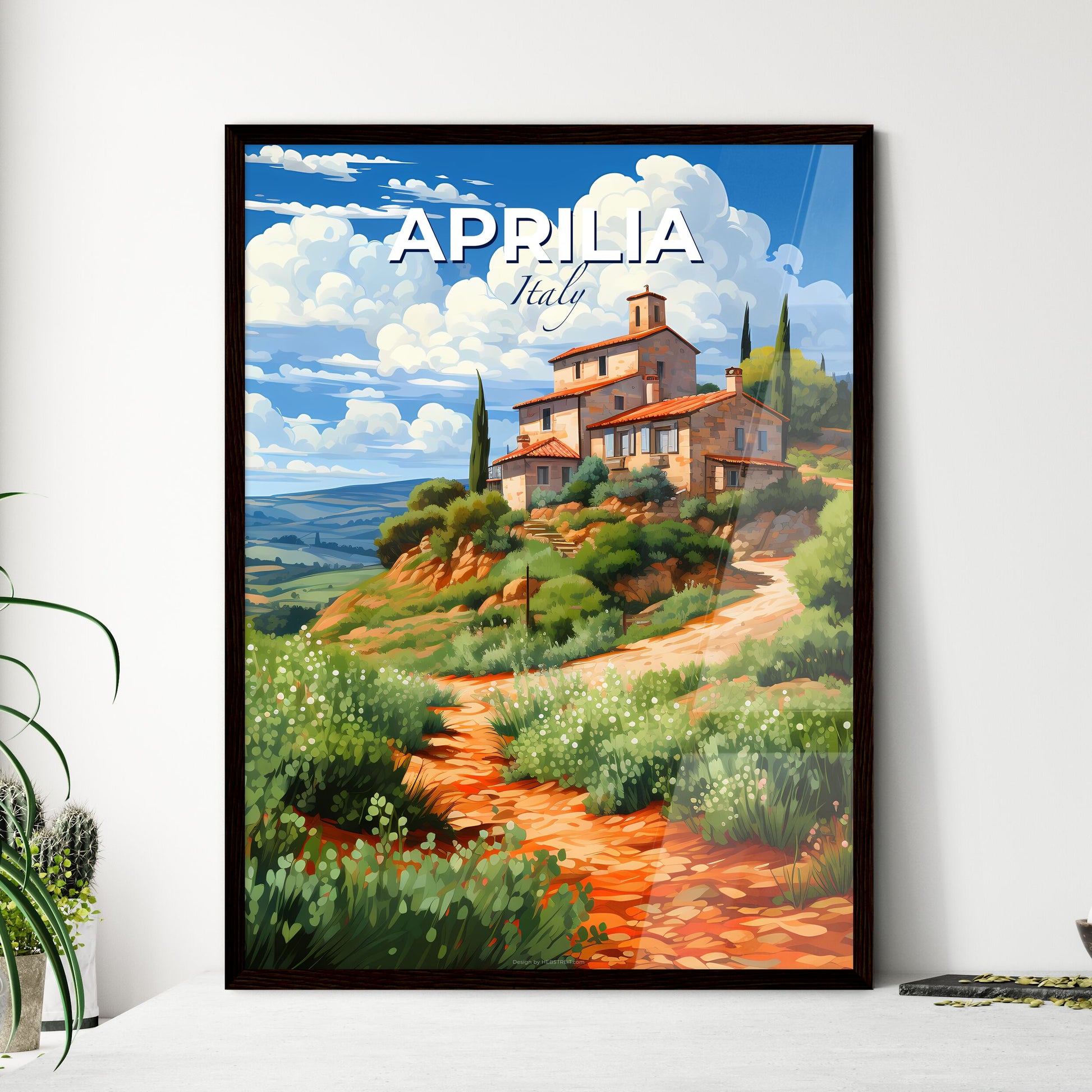 Aprilia, Italy, A Poster of a house on a hill with trees and bushes Default Title