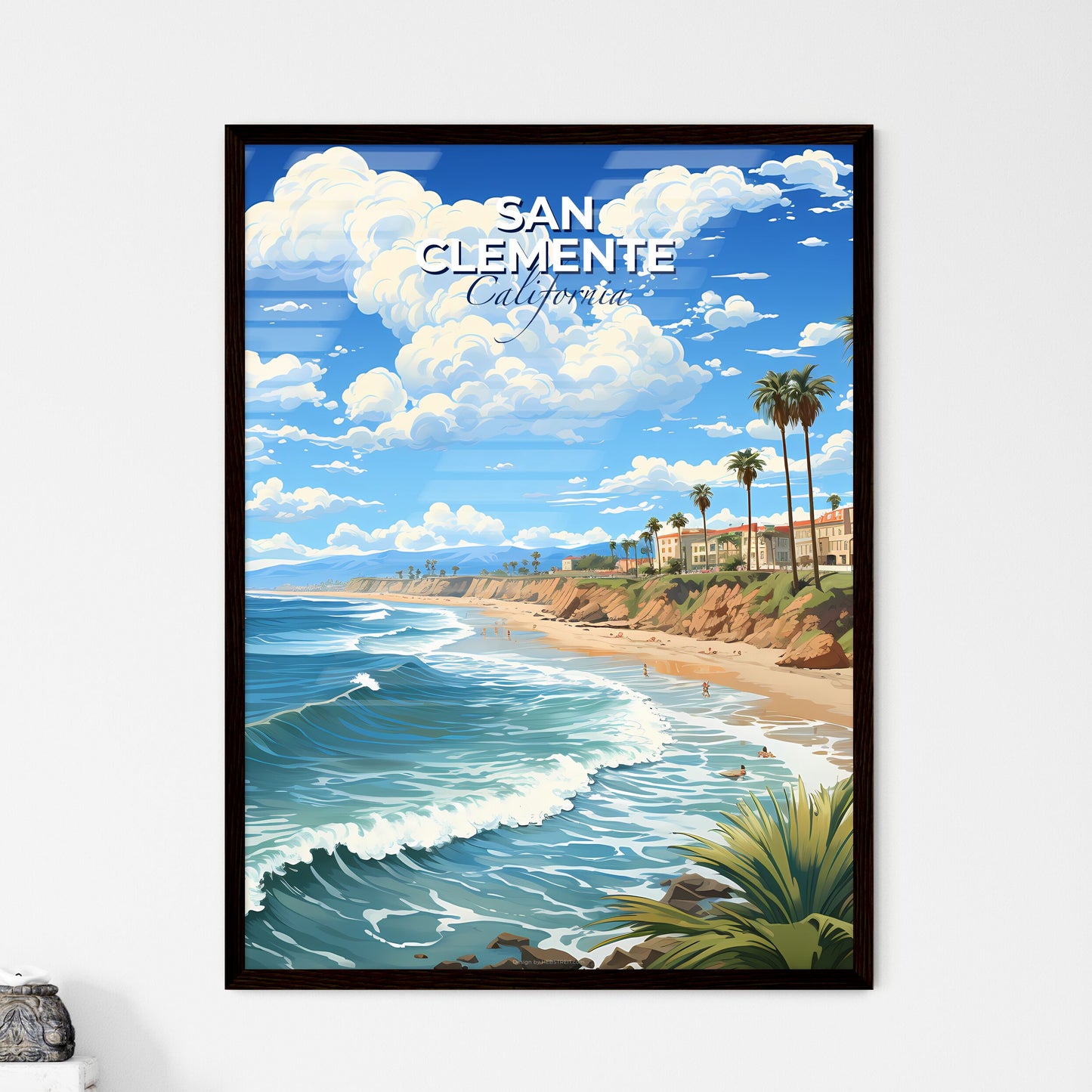San Clemente, California, A Poster of a beach with palm trees and buildings Default Title