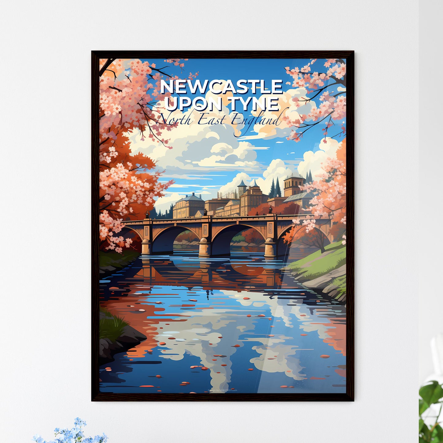 Newcastle Upon Tyne, North East England, A Poster of a bridge over a river with trees and a city in the background Default Title