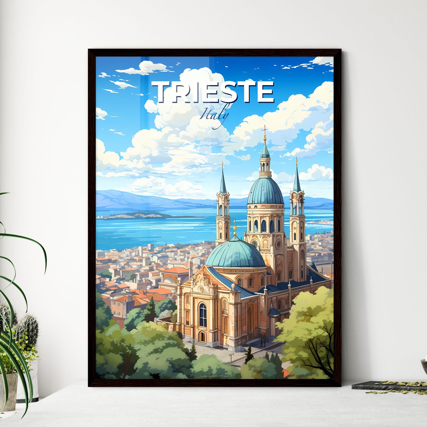 Trieste, Italy, A Poster of a building with a blue dome and a city by water Default Title